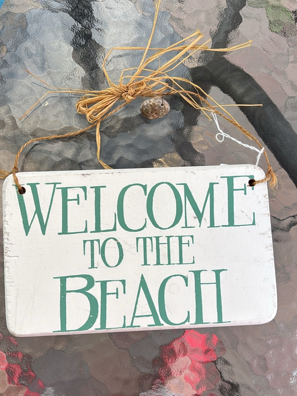 Beach Welcome Wood Sign - White with Green Lettering